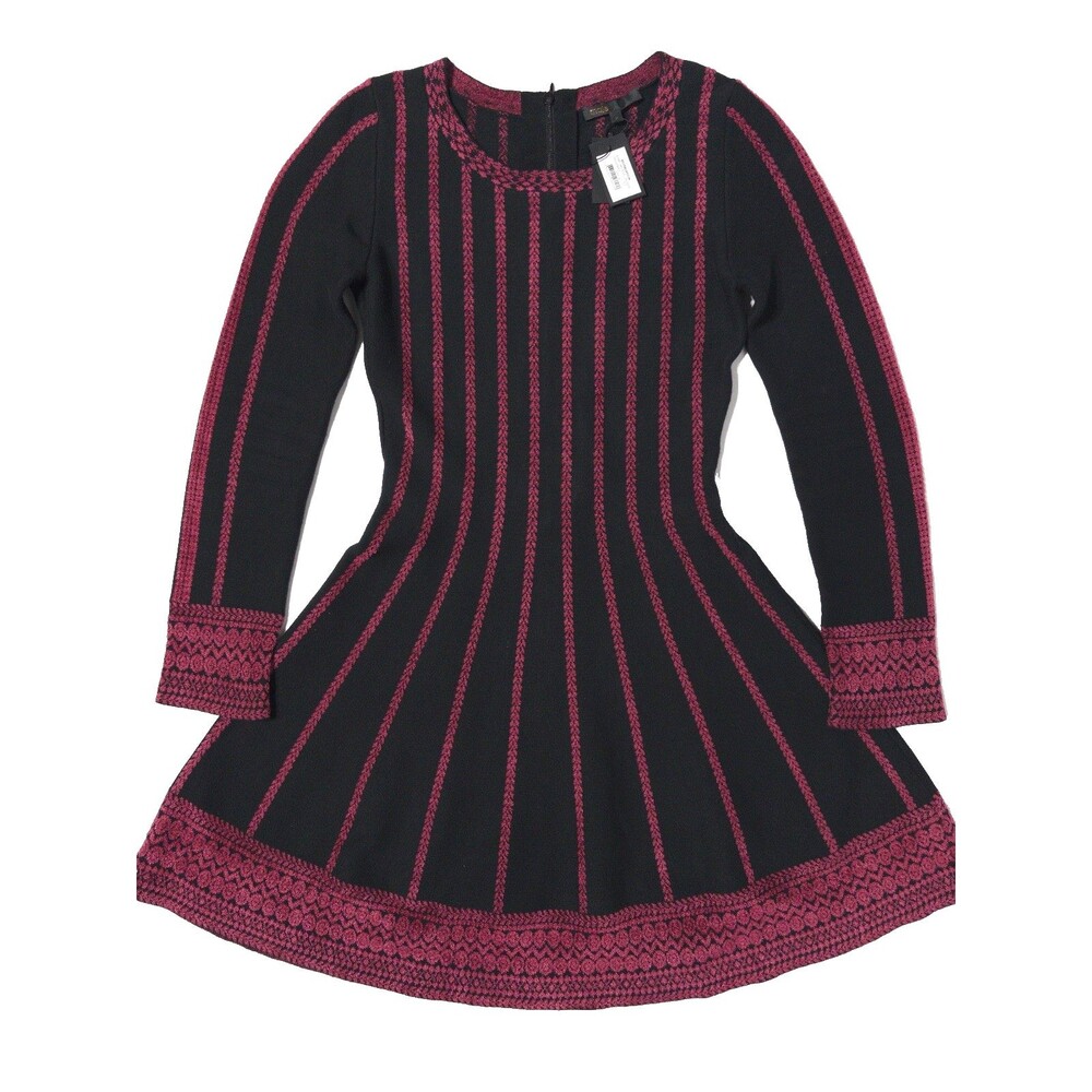 NWT Maje Relation Black Striped Long Sleeve Stretch Midi Dress Women Size 2 (B2)